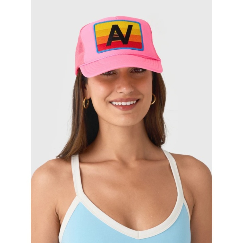 Aviator Nation Womens  Logo Rainbow Vintage Trucker Hat Snapback Cap Neon Pink